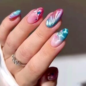 New 24pc textured pink & blue press on nail set